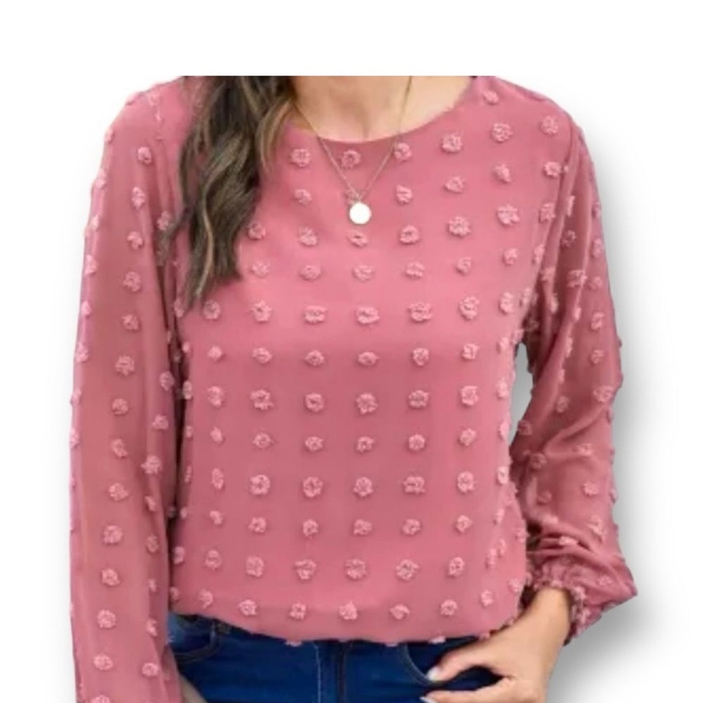 💐 PINK SWISS DOT PUFFED LONG SLEEVE TOP - Picture 11 of 11